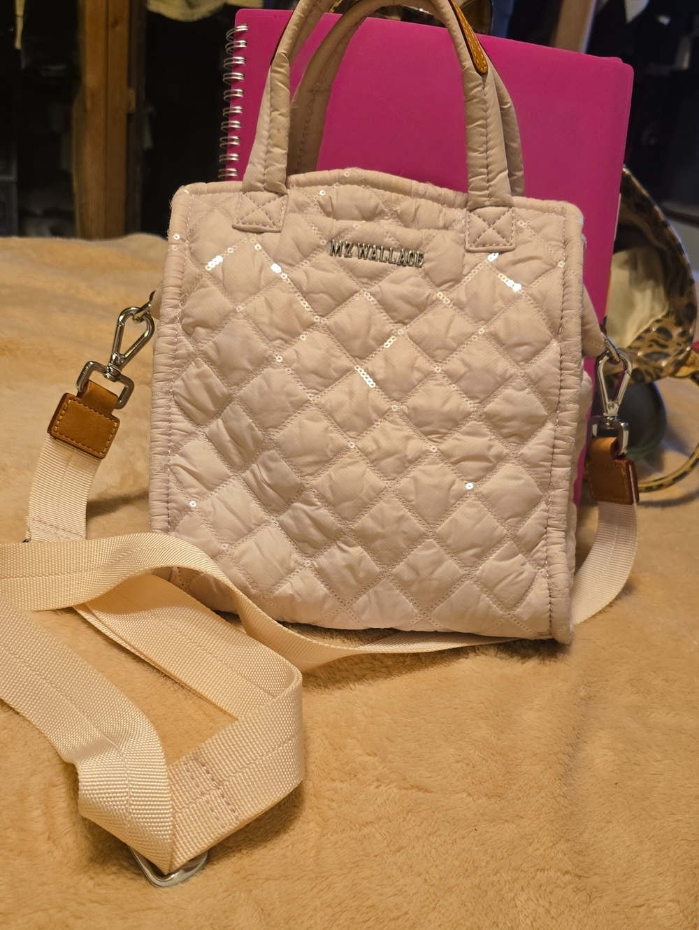 MZ Wallace Quilted Sequin Crossbody Tote in  Creamy Powder (Pink Tint)